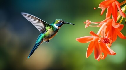 Fototapeta premium Hummingbird feeding on nectar from bright orange flowers in garden.