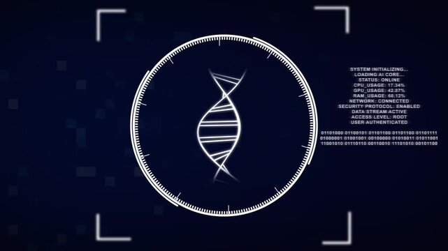 DNA double helix animation rotates across a futuristic HUD. Biotechnology research guides this active DNA double helix. Chromosome science telemetry monitors the double helix.