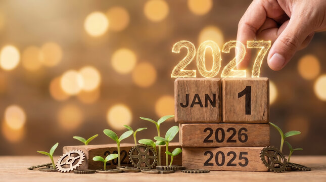 Hand placing wooden blocks for January 1 2027 New Year with sprouts