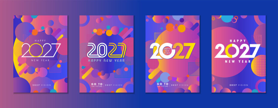 Creative covers design concept for a Vision 2027 featuring Happy New Year. Vector illustration for Happy New Year 2027, Memphis style Christmas card template design