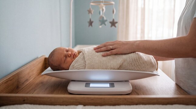 A caregiver gently places a newborn infant on a digital scale in a bright nursery room. The baby is wrapped in a beige knit blanket while a star mobile hangs softly in the background.