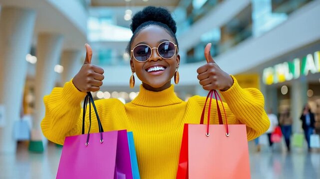 A woman stands in a mall and displays colorful shopping bags, gesturing thumbs ups while smiling with sunglasses on