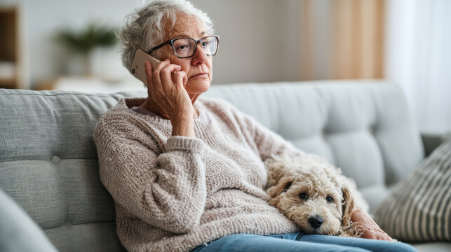 Woman in glasses on a mobile phone with a worried expression, small apricot poodle resting against her on the sofa. Pet insurance claim, vet call and anxiety
