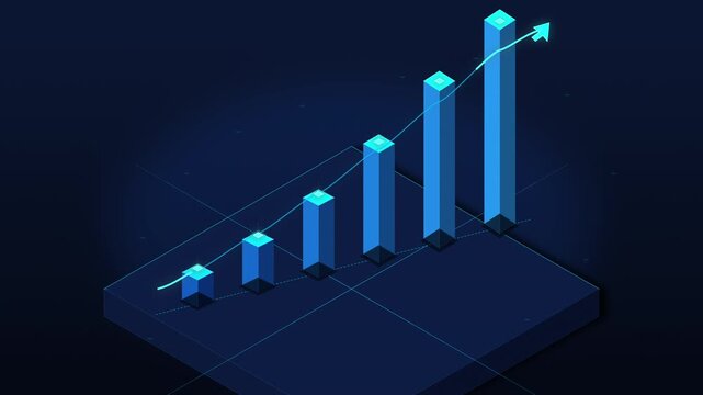 Isometric bar chart showing upward trend and growth, digital data visualization with glowing line and particles on dark blue background
