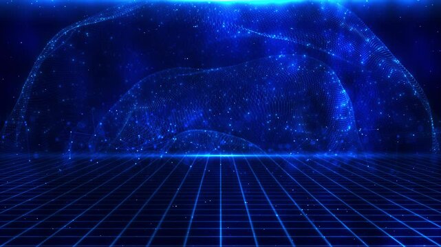 Shimmering points form data waves grid floor connected polygon lines. cyberspace, environments, cloud computing, information transfer, quantum research, business presentations and immersive media.
