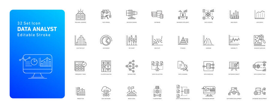 Data Analyst and Financial Statistics Line Icon Set for Business Dashboard
