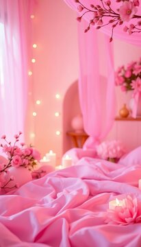 Soft, whimsical ambiance with delicate pink glow, peaceful scene, tender atmosphere