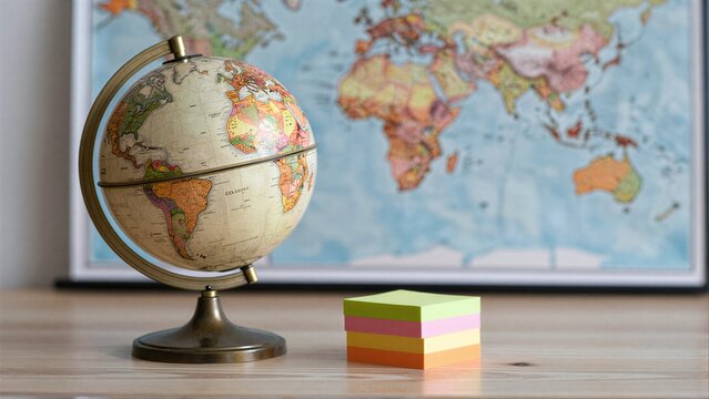 Globe and sticky notes on desk, world map in background.