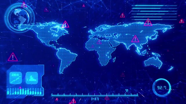 Digital global dashboard displays luminous map graphs panels. cyber defense, international risk, data surveillance, market analysis, geopolitical reports, system failures technology news presentations