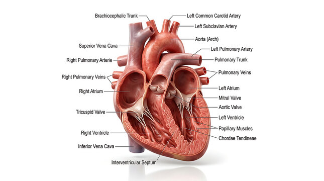 Anatomical Heart Cross-Section, Detailed Medical Illustration, Cardiovascular System Diagram for Education