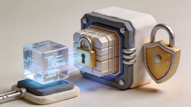 3D clay data encryption process showing a glass code block sending rays into a locked server module with golden padlocks and a shield. Cybersecurity, data protection concept.