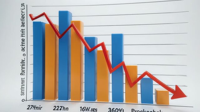 Falling bar graph with downward red arrow showing financial decline in a clean studio setting with soft lighting