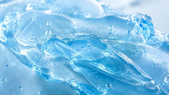 Macro texture of transparent blue antiseptic gel. Smudged antibacterial sanitizing hydrogel with bubbles and ripples