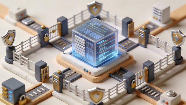 3D clay data security scene showing an illuminated glass server block protected by fences, locked gates, and shield towers. Cybersecurity, secure data center concept.