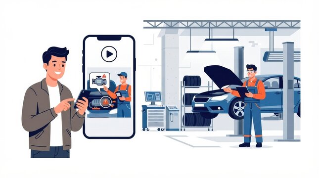 Customer watches video inspection on smartphone in an auto repair garage. Mechanic checks a vehicle under the hood.