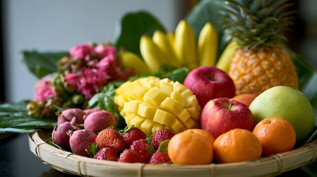 A vibrant basket of assorted tropical and temperate fruits arranged with fresh greenery and colorful textures