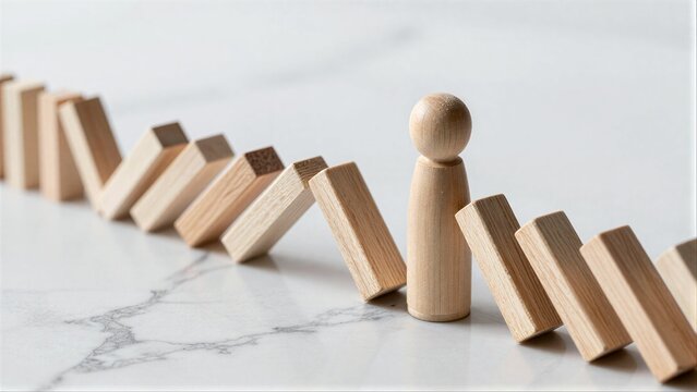 Wooden figure stands between falling dominoes, stopping the chain reaction.