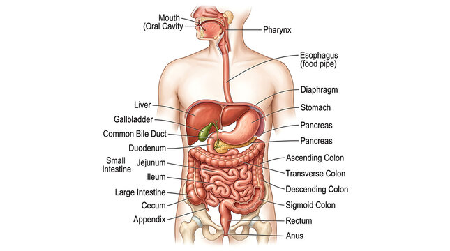 Human Digestive System Illustration, Detailed Anatomical Diagram Showcasing Organs and Pathways