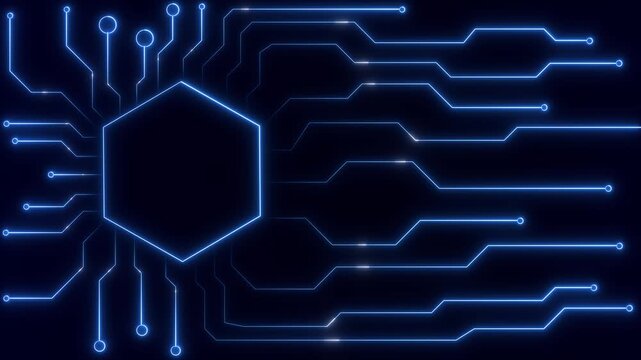 Hexagon circuit board animation pulses with cyber vectors. Processor hardware runs this hexagon circuit board animation. Motherboard networking routes on the circuit board.
