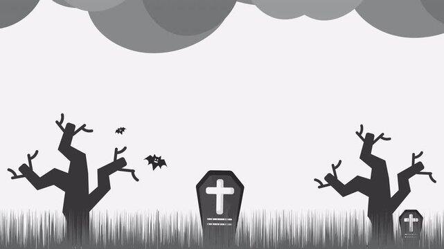 Spooky grayscale halloween graveyard motion background featuring tombstones, bats, and dead trees silhouette. Ideal for halloween greeting video, eerie video overlay, and horror film transition.