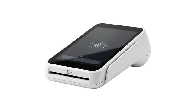 Modern white POS terminal for contactless payments, wireless credit card reader with touchscreen, portable electronic payment device isolated on white