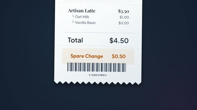 Micro investing concept animation showing spare change from a coffee receipt rolling into a digital piggy bank and compounding over time on an exponential growth graph, illustrating financial growth