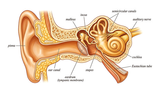 Human Ear Anatomy Chart, Detailed Illustration of Inner Ear Structure. Medical Diagram Showcasing Auditory Canal