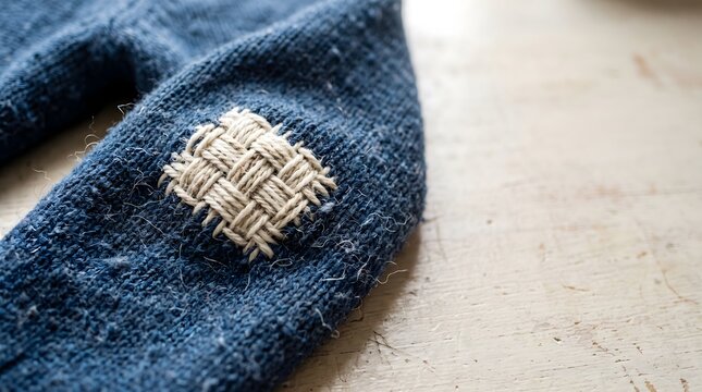 Worn dark wool sweater elbow repaired with a neat contrasting woven darn, illustrating visible mending, garment longevity, clothing repair and reuse.
