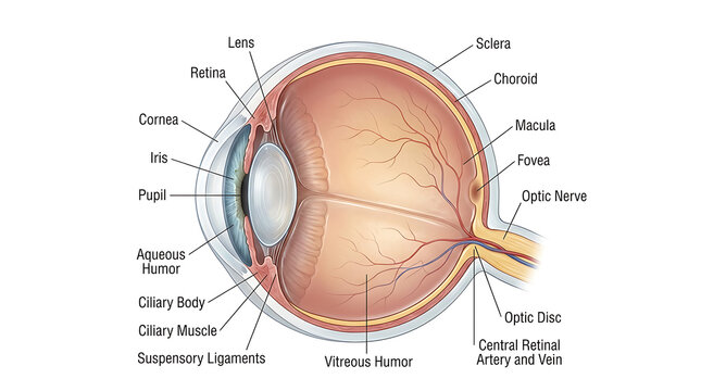 Human Eye Anatomy Cross-Section Illustration, Detailed Diagram Showing Internal Structures and Labeled Components