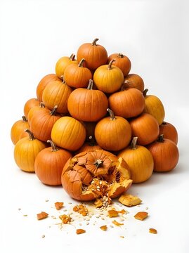 Pile of Whole Orange Pumpkins Stacked with One Broken Smashed Pumpkin in Front Seeds Spilling Isolated