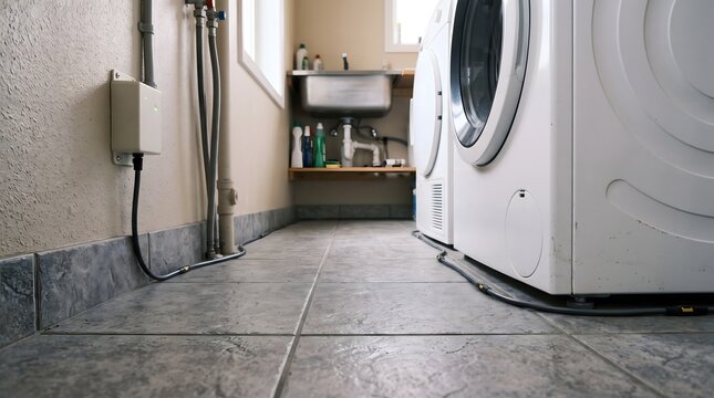 Water-sensing cable and wall module monitor the floor beside a washing machine in a utility room, illustrating appliance leak detection and property-damage prevention.