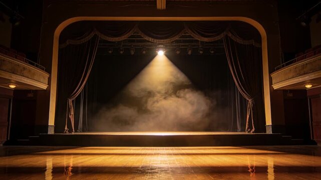 Fog machine starting, spotlight slicing haze on center stage, revealing proscenium arch