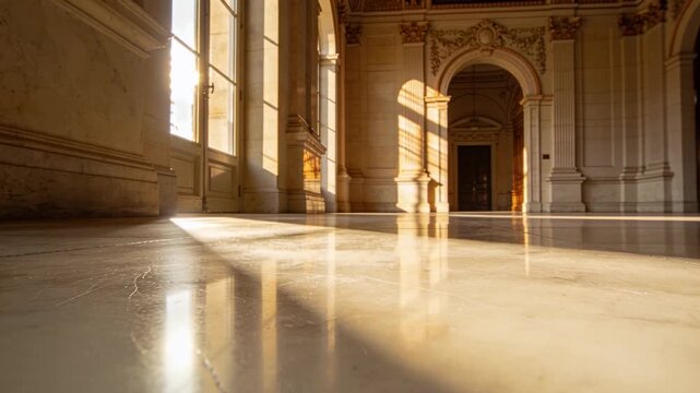 Gliding camera filming marble floor casting sun in grand hall, showing ornate arch and tall windows