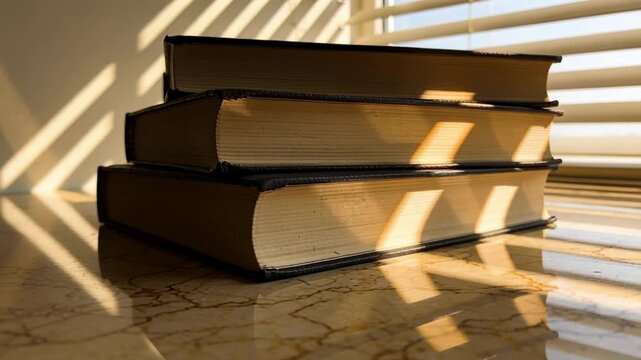Pulling back camera showing three stacked hardback books at window to reveal shifting blind shadows