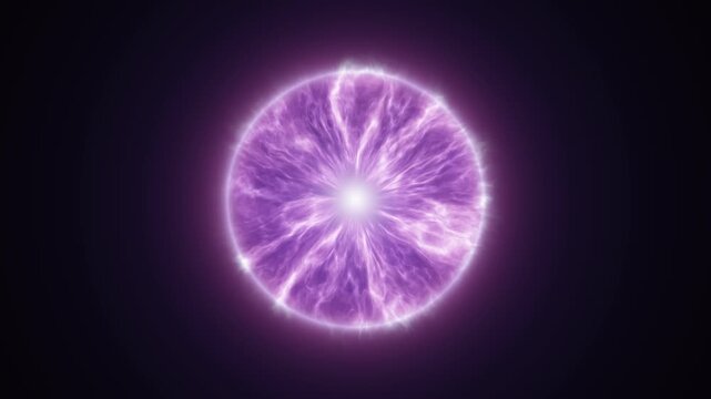 Glowing purple tesla orb with energy plasma discharges, electric magic sphere loop. Electric energy sphere with pulsing plasma