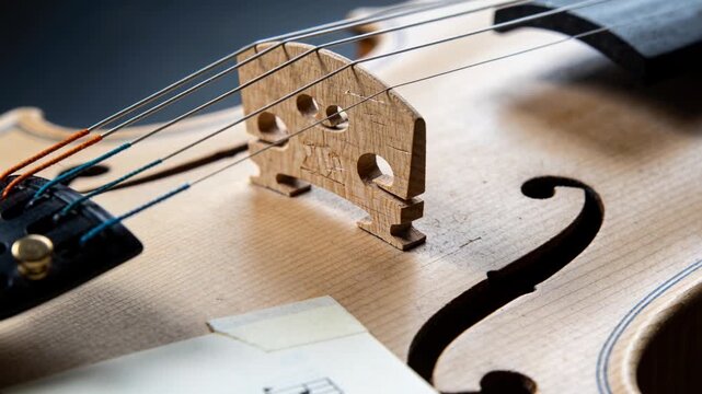 Shifting camera adjusting focus on violin bridge at studio table, revealing wood grain and strings