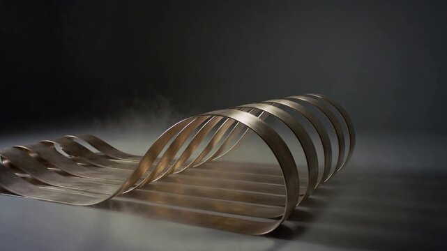 Panning camera in studio revealing sculptural ribbon-like metal bands to show right loops, with fog