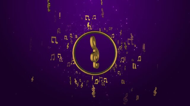 A polished gold music shines inside round border notes glitter drift deep violet scene. orchestra song promotions, album intros, luxury events, karaoke, dance shows, podcasts creative motion graphics.