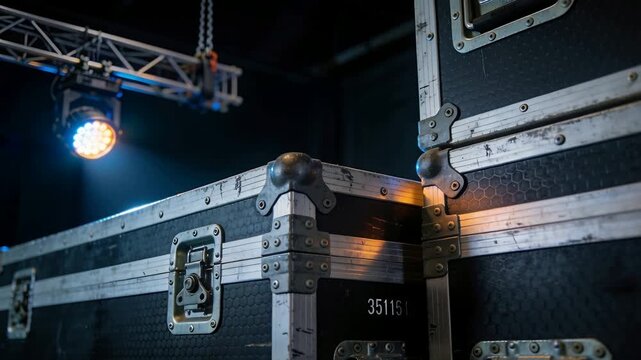 Panning camera revealing stacked flight cases backstage, highlighting warm orange and blue lighting
