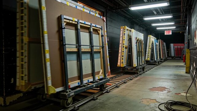 Rolling wheeled carts loaded with panels moving along backstage hall, heading to exit for transport