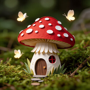 3D paper cutout shadowbox of whimsical mushroom fairy house with fireflies