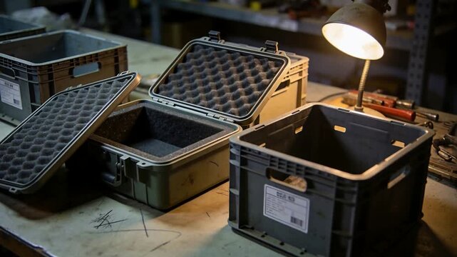 Recording camera capturing green hard case with egg-crate foam on workshop bench