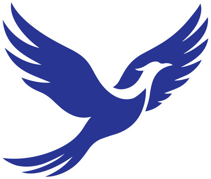 Navy blue elegant flying phoenix bird or firebird silhouette icon isolated on transparent PNG background
