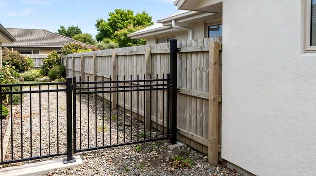Metal gate beside a stucco house connects to a timber boundary fence over gravel, showing a simple noncombustible transition for wildfire-prepared landscaping.