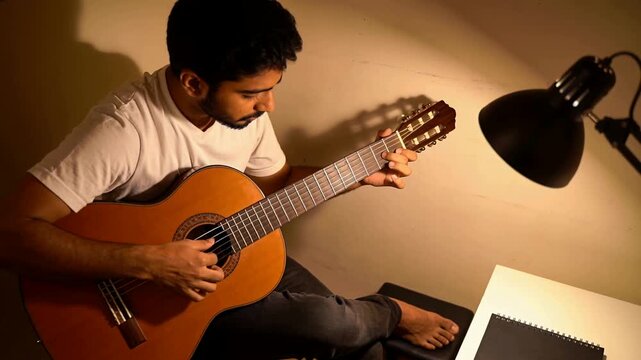Playing barefoot guitarist in white tee fretting nylon guitar in room corner with lamp for practice