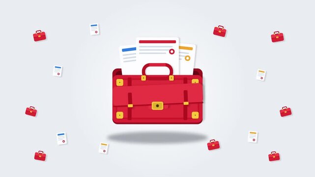 Briefcase full of documents with scattered paper icons and red briefcases, document management and data organization motion graphic