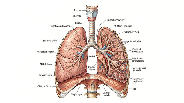 Human Respiratory System Anatomy Illustration, Detailed Medical Diagram, Educational Science Graphic for Biology Studies