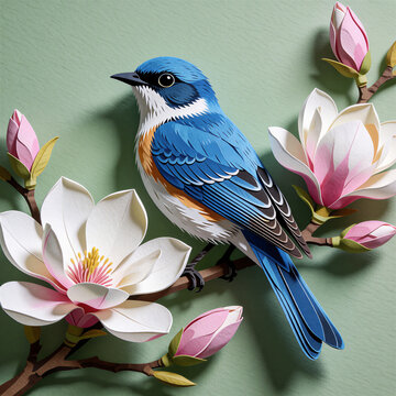 Delicate layered papercraft illustration of bluebird on blooming magnolia branch