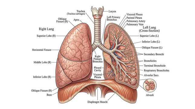 Human Respiratory System Anatomy Illustration, Detailed Medical Diagram, Educational Science Graphic for Biology Studies