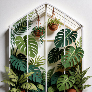 3D paper cutout craft illustration of lush botanical greenhouse with tropical plants